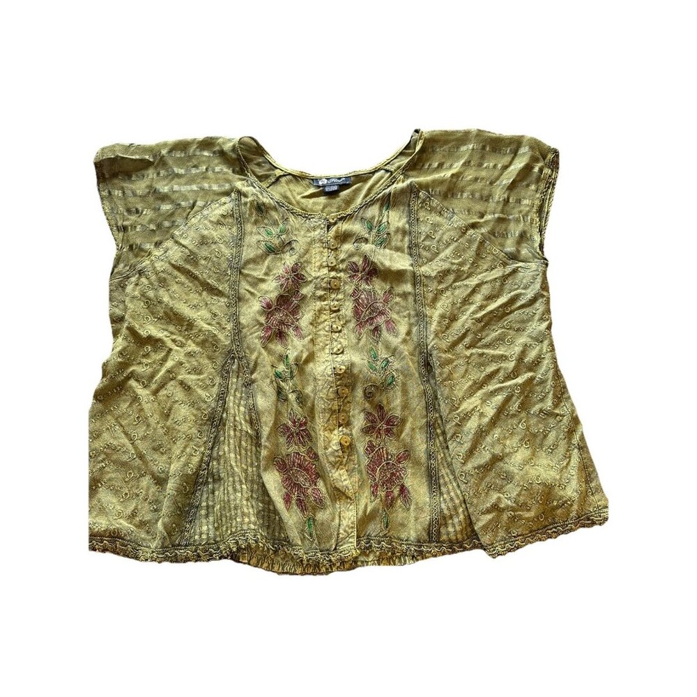 Flower Brand Womens Large Green Hippie Boho Embroidered Shirt Made in India